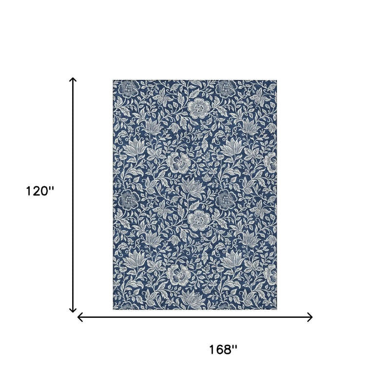 10' X 14' Navy Blue And Ivory Floral Washable Indoor Outdoor Area Rug Homeroots Outdoor