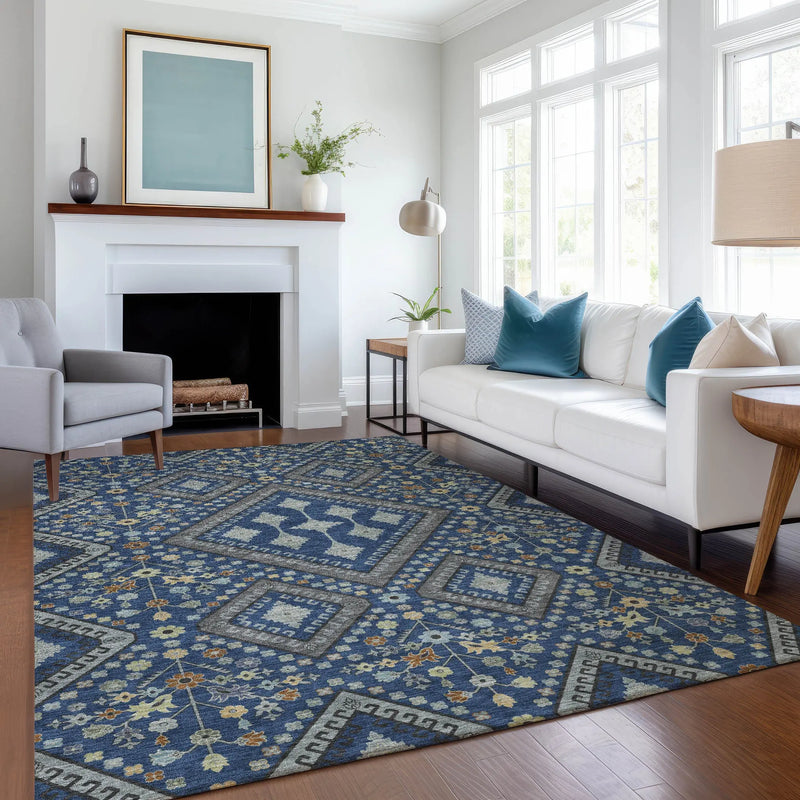 10' X 14' Navy Blue And Ivory Medallion Washable Indoor Outdoor Area Rug Homeroots Outdoor