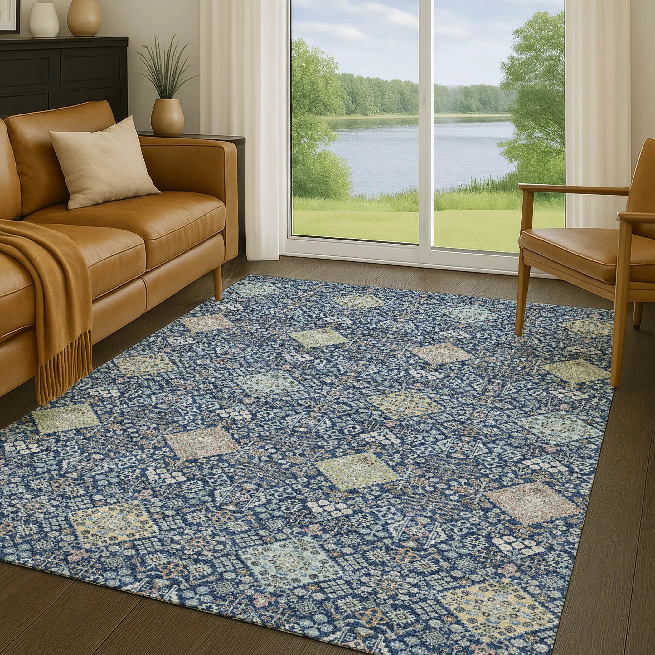 10' X 14' Navy Blue And Ivory Oriental Washable Indoor Outdoor Area Rug Homeroots Outdoor