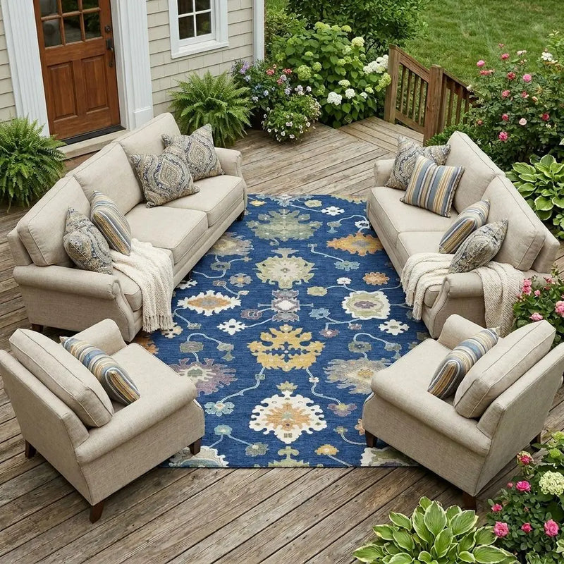 10' X 14' Navy Blue And Ivory Oriental Washable Indoor Outdoor Area Rug Homeroots Outdoor