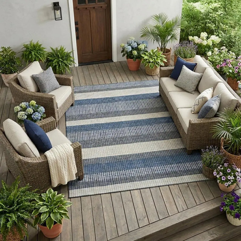 10' X 14' Navy Blue And Ivory Striped Washable Indoor Outdoor Area Rug Homeroots Outdoor