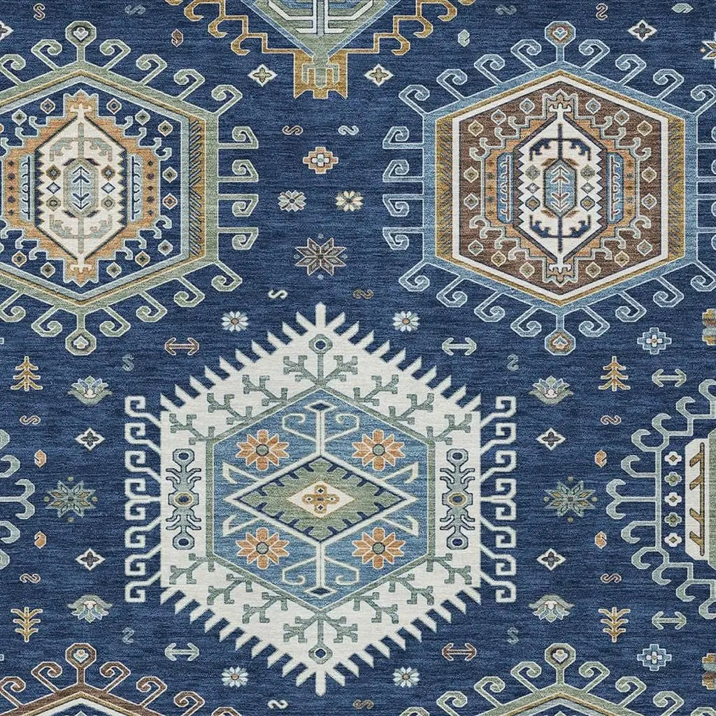 10' X 14' Navy Blue And Ivory Tribal Washable Indoor Outdoor Area Rug Homeroots Outdoor