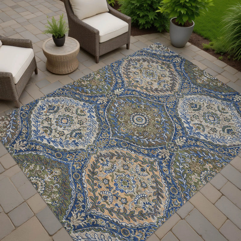 10' X 14' Navy Blue And Linen Ogee Washable Indoor Outdoor Area Rug Homeroots Outdoor