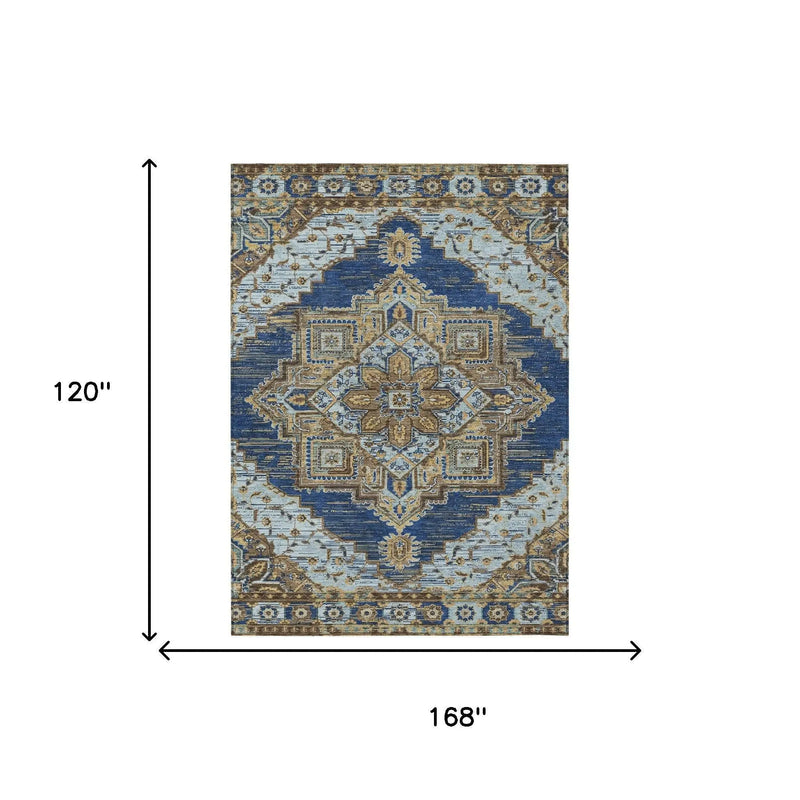10' X 14' Navy Blue And Linen Oriental Washable Indoor Outdoor Area Rug Homeroots Outdoor