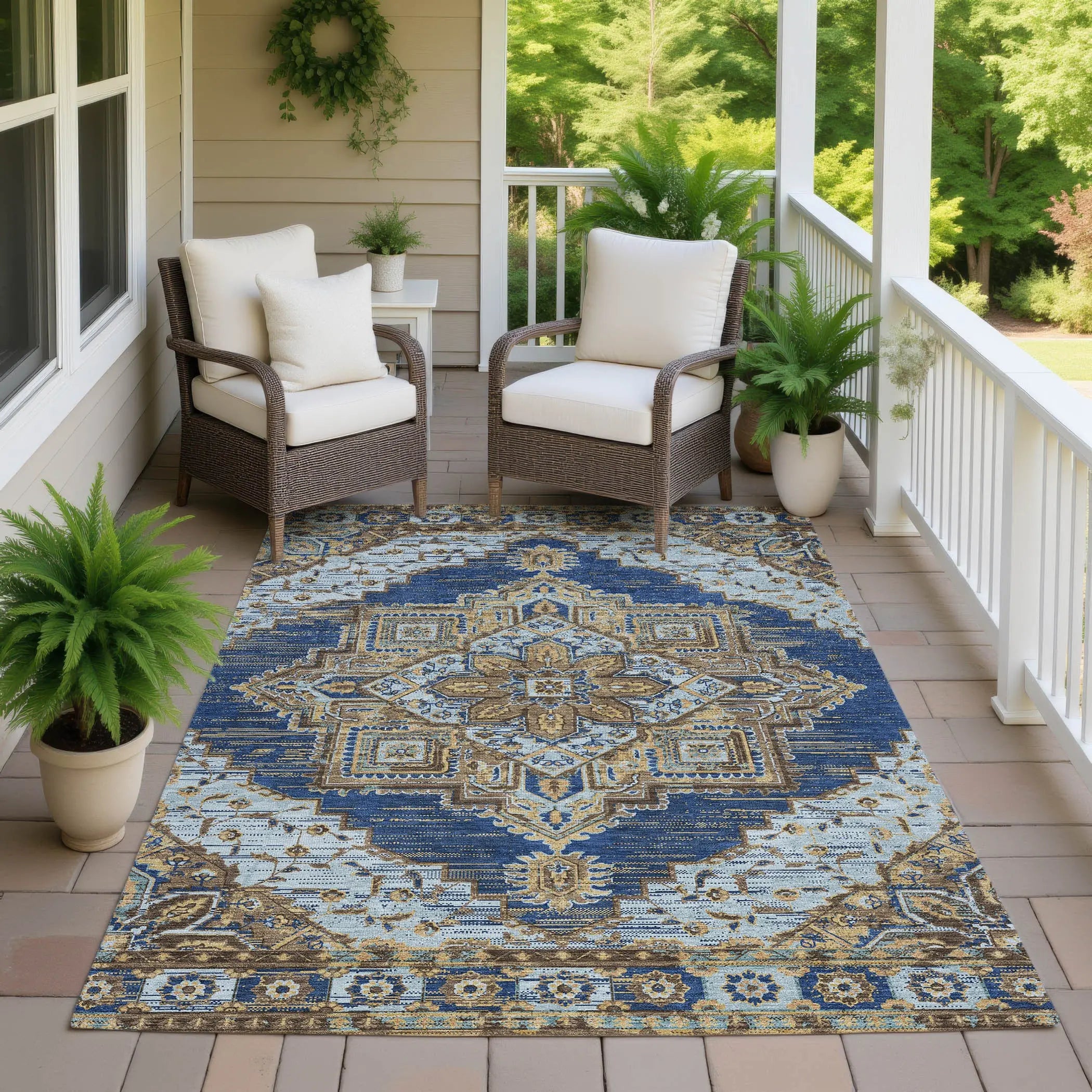 10' X 14' Navy Blue And Linen Oriental Washable Indoor Outdoor Area Rug Homeroots Outdoor