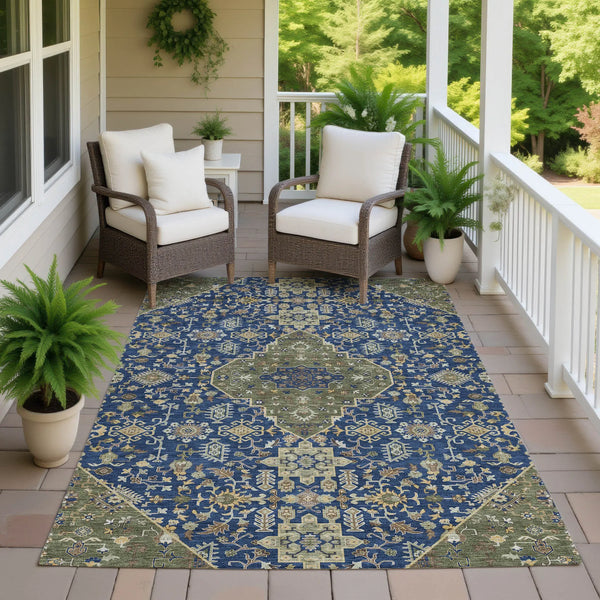 10' X 14' Navy Blue And Pewter Medallion Washable Indoor Outdoor Area Rug Homeroots Outdoor