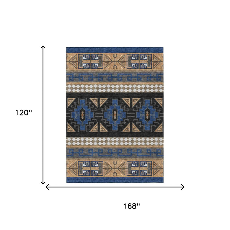 10' X 14' Navy Blue And Salmon Tribal Washable Indoor Outdoor Area Rug Homeroots Outdoor