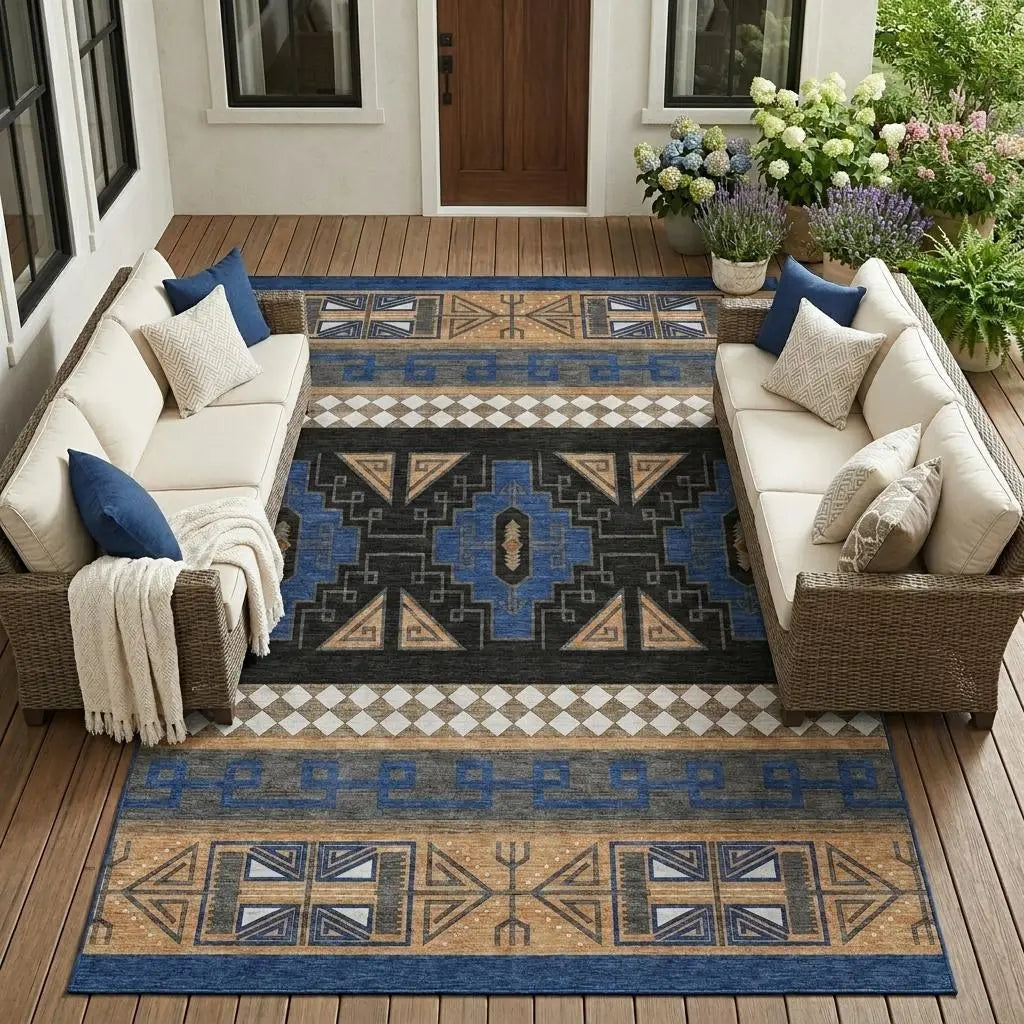 10' X 14' Navy Blue And Salmon Tribal Washable Indoor Outdoor Area Rug Homeroots Outdoor