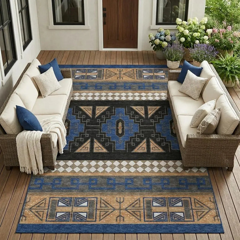 10' X 14' Navy Blue And Salmon Tribal Washable Indoor Outdoor Area Rug Homeroots Outdoor