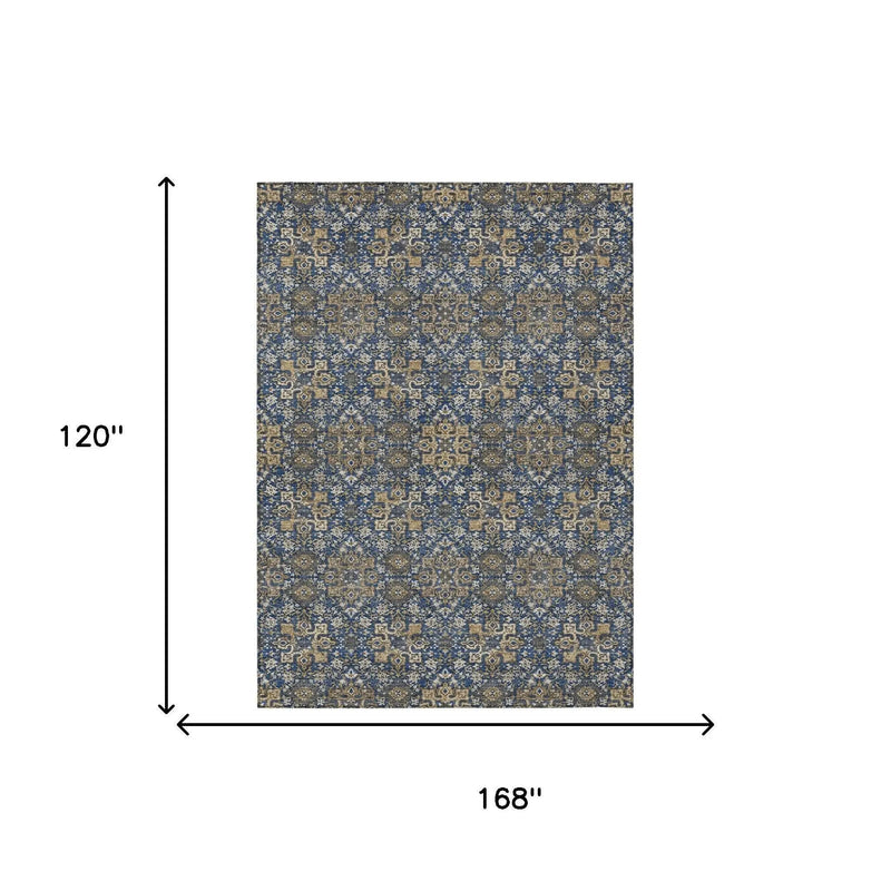 10' X 14' Navy Blue And Silver Oriental Washable Indoor Outdoor Area Rug Homeroots Outdoor