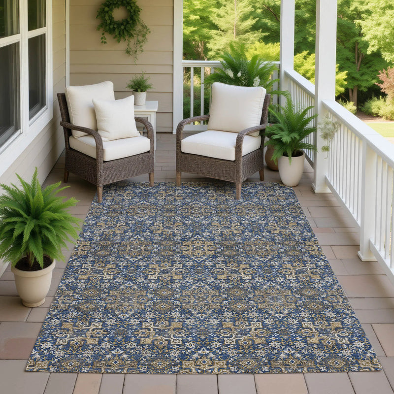 10' X 14' Navy Blue And Silver Oriental Washable Indoor Outdoor Area Rug Homeroots Outdoor