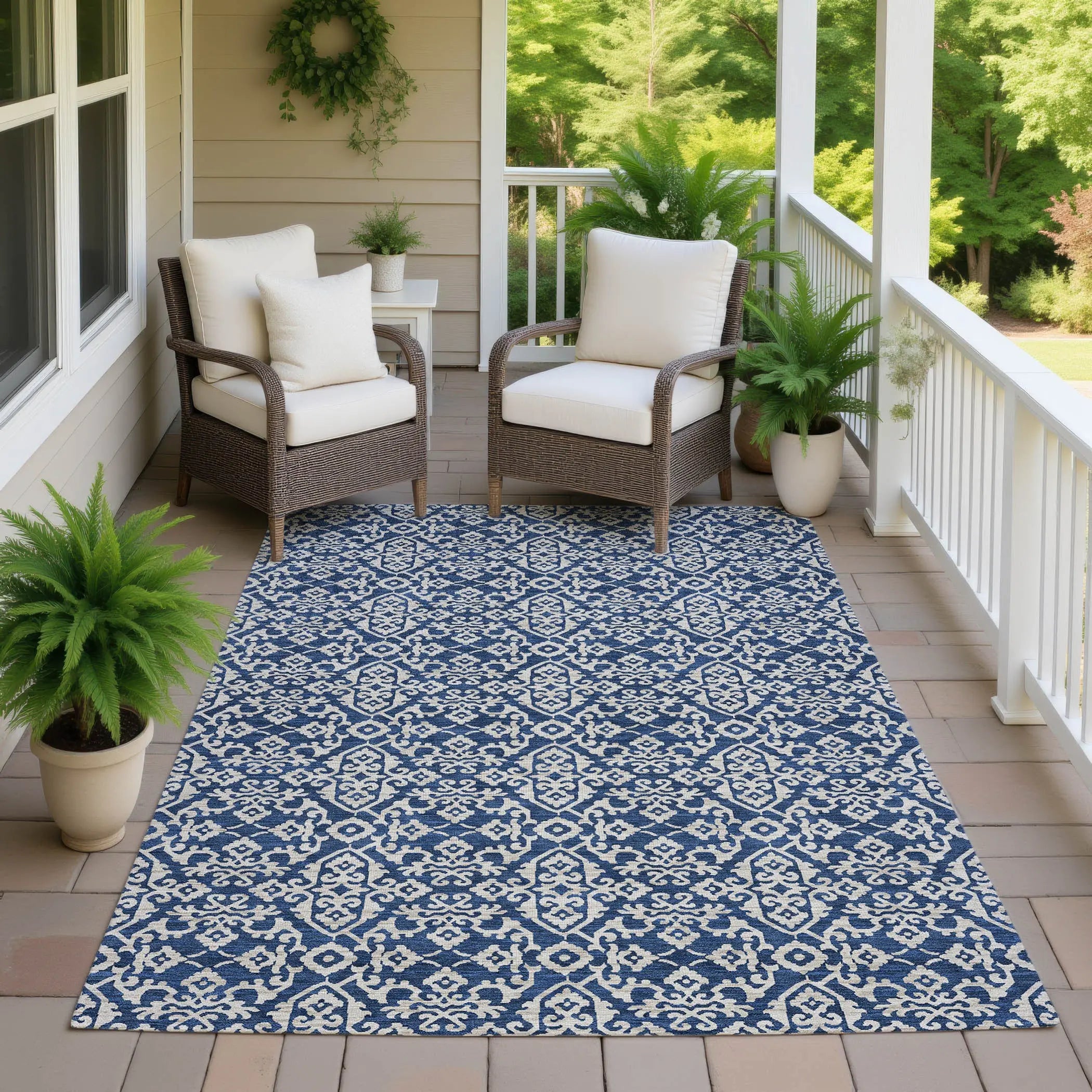 10' X 14' Navy Blue And Silver Oriental Washable Indoor Outdoor Area Rug Homeroots Outdoor