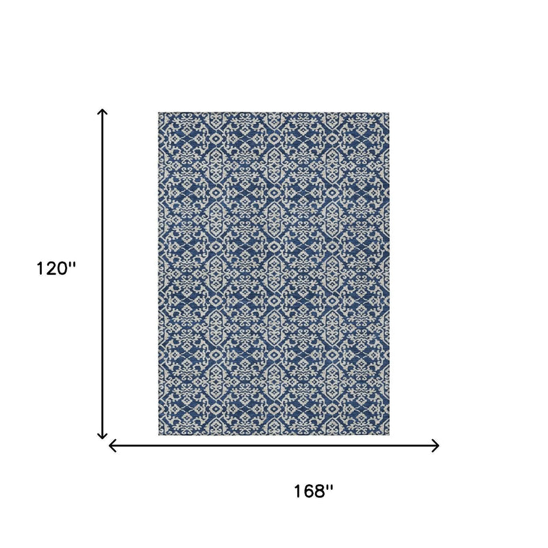 10' X 14' Navy Blue And Silver Oriental Washable Indoor Outdoor Area Rug Homeroots Outdoor