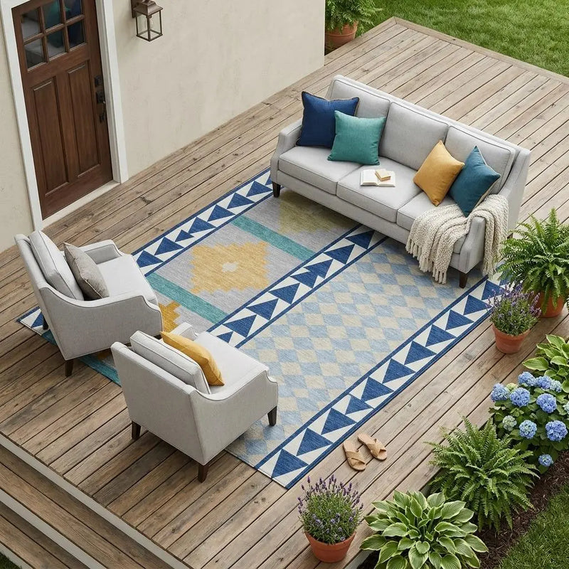10' X 14' Navy Blue And Sky Blue Southwestern Washable Indoor Outdoor Area Rug Homeroots Outdoor