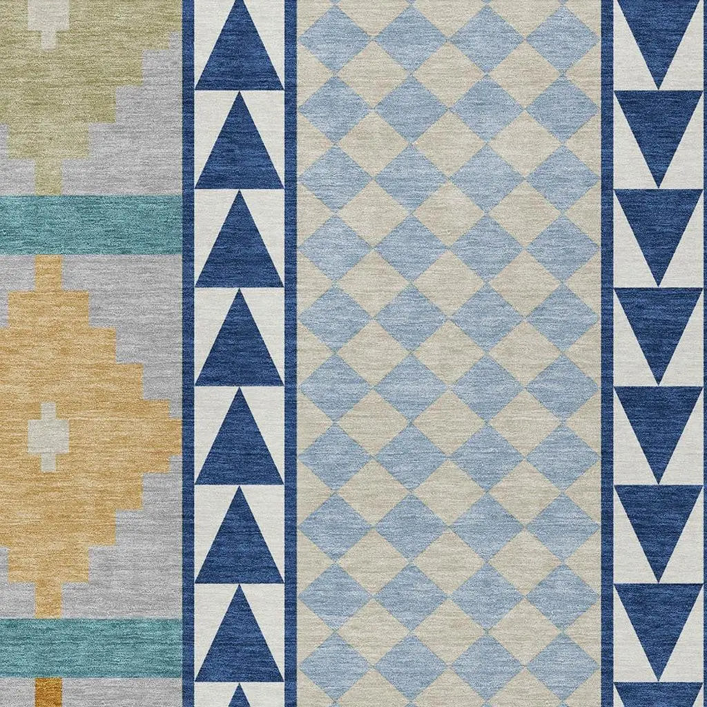 10' X 14' Navy Blue And Sky Blue Southwestern Washable Indoor Outdoor Area Rug Homeroots Outdoor