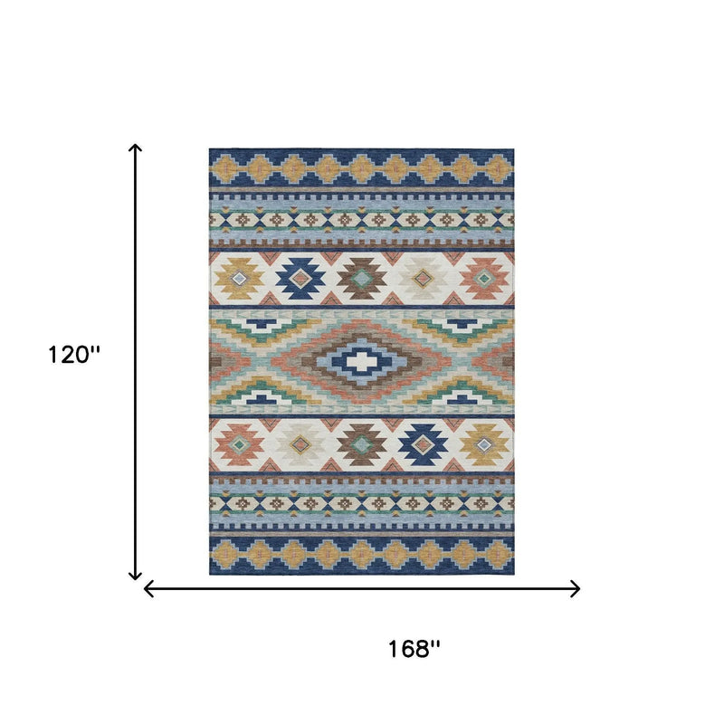 10' X 14' Navy Blue And Sky Blue Southwestern Washable Indoor Outdoor Area Rug Homeroots Outdoor