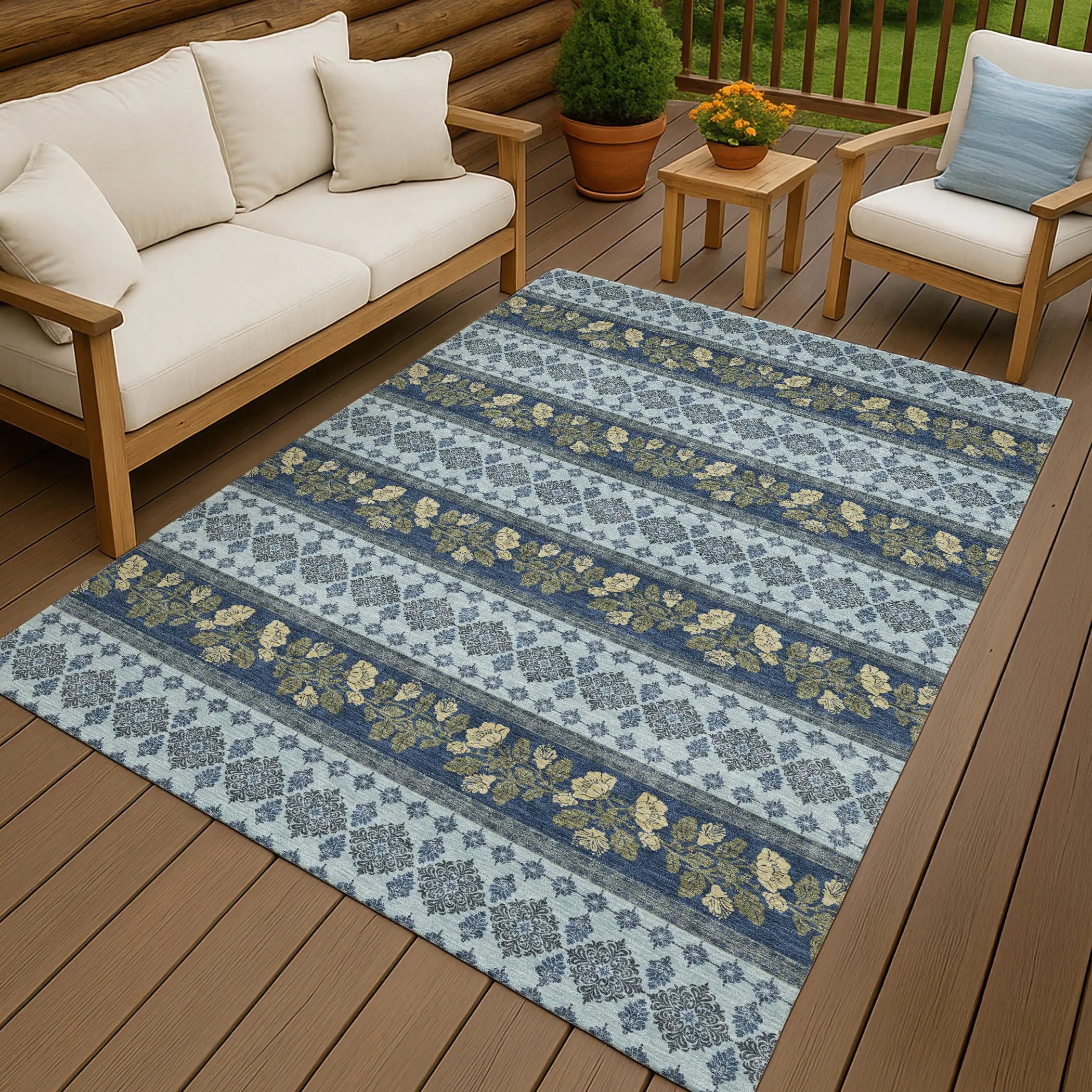 10' X 14' Navy Blue And Sky Blue Striped Washable Indoor Outdoor Area Rug Homeroots Outdoor
