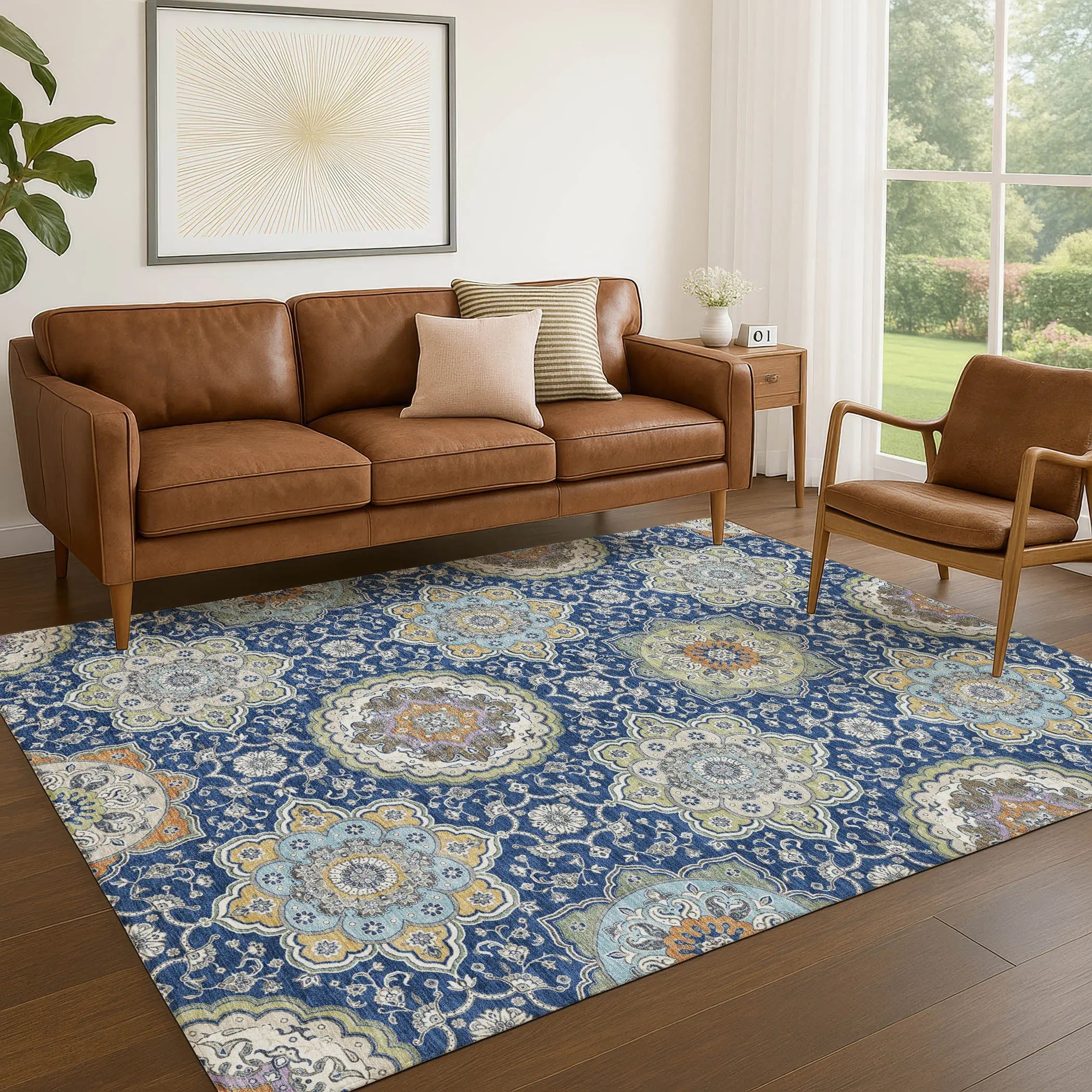 10' X 14' Navy Blue And Taupe Floral Medallion Washable Indoor Outdoor Area Rug Homeroots Outdoor
