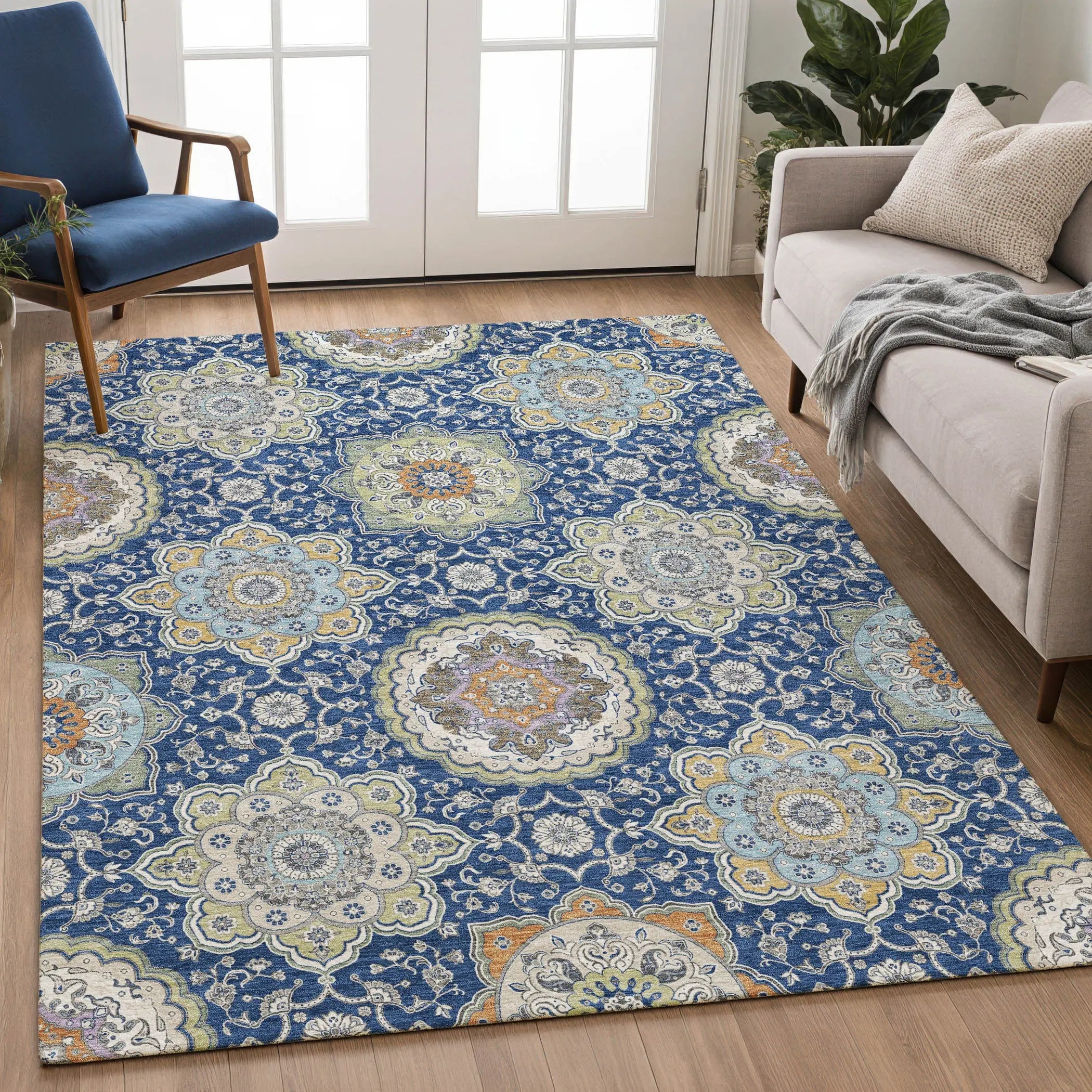 10' X 14' Navy Blue And Taupe Floral Medallion Washable Indoor Outdoor Area Rug Homeroots Outdoor