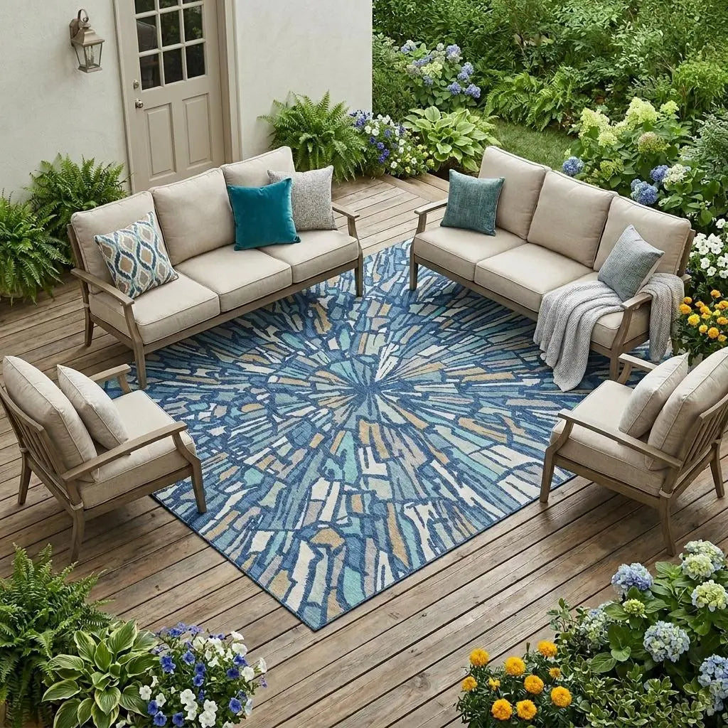 10' X 14' Navy Blue And Teal Blue Abstract Washable Indoor Outdoor Area Rug Homeroots Outdoor