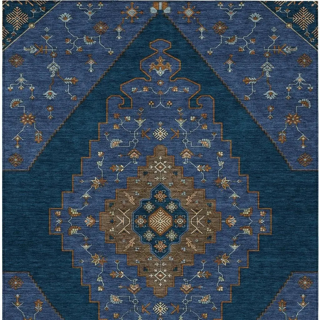 10' X 14' Navy Blue And Teal Blue Geometric Washable Indoor Outdoor Area Rug Homeroots Outdoor
