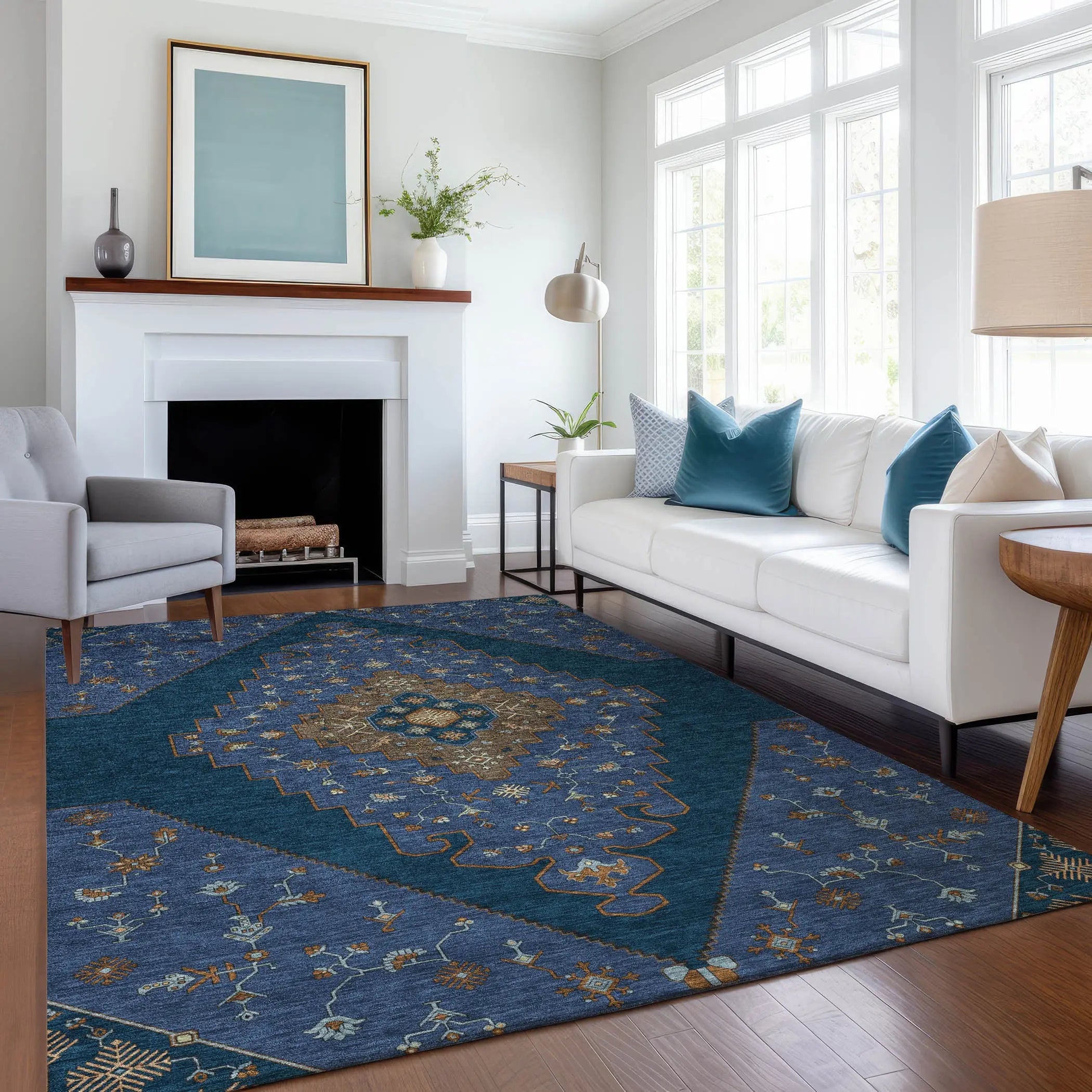 10' X 14' Navy Blue And Teal Blue Geometric Washable Indoor Outdoor Area Rug Homeroots Outdoor