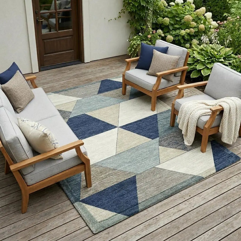 10' X 14' Navy Blue And Teal Blue Geometric Washable Indoor Outdoor Area Rug Homeroots Outdoor