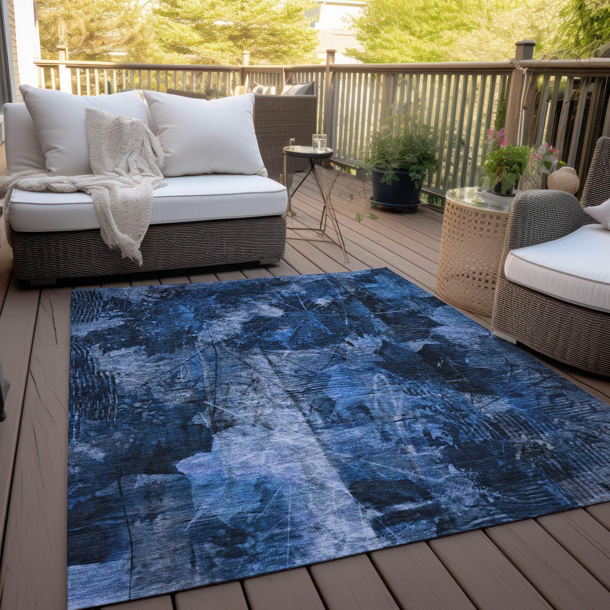 10' X 14' Navy Blue Floral Washable Non Skid Indoor Outdoor Area Rug - GreatEagleInc