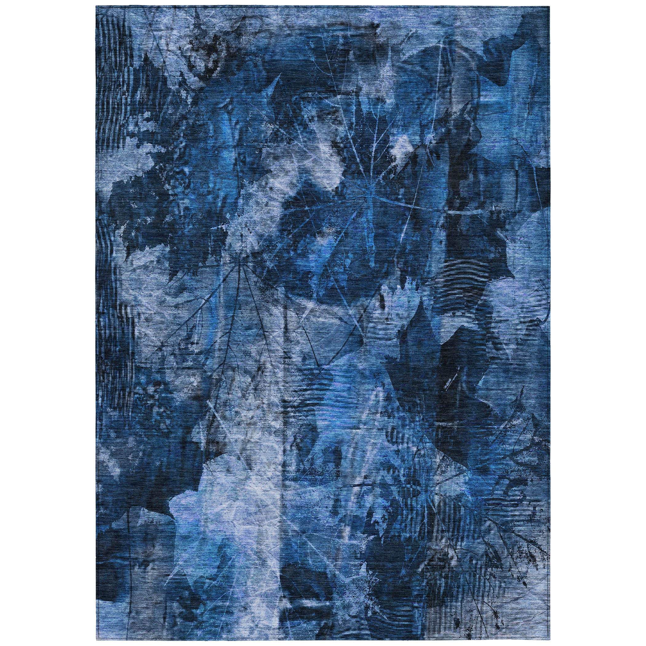 10' X 14' Navy Blue Floral Washable Non Skid Indoor Outdoor Area Rug - GreatEagleInc
