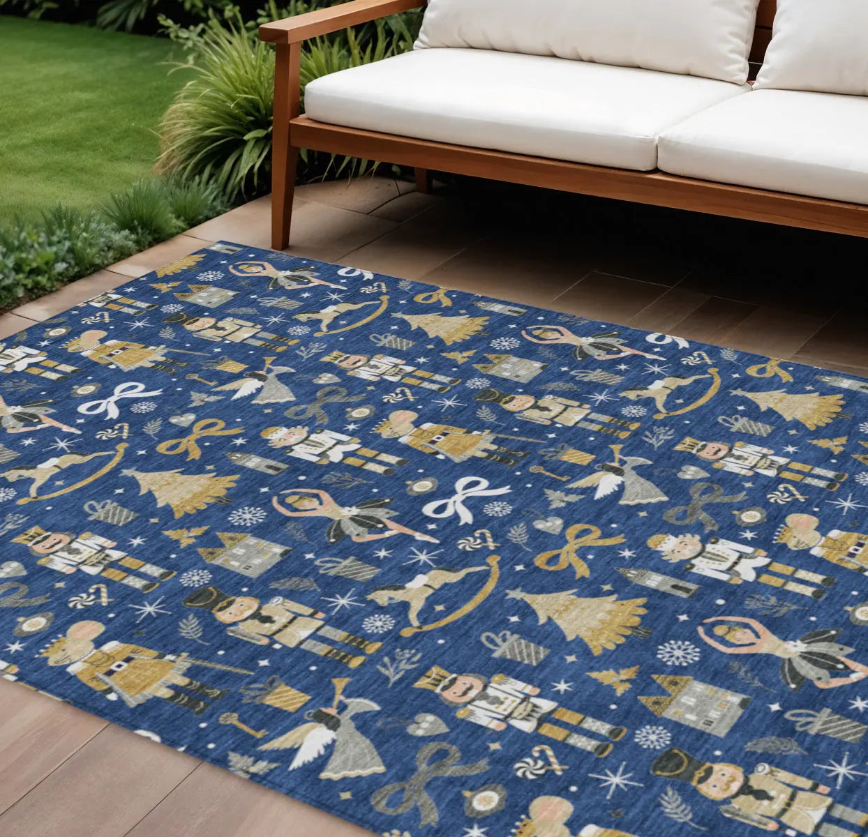 10' X 14' Navy Blue Gold Black And Gray Village House Washable Indoor Outdoor Area Rug Homeroots Outdoor
