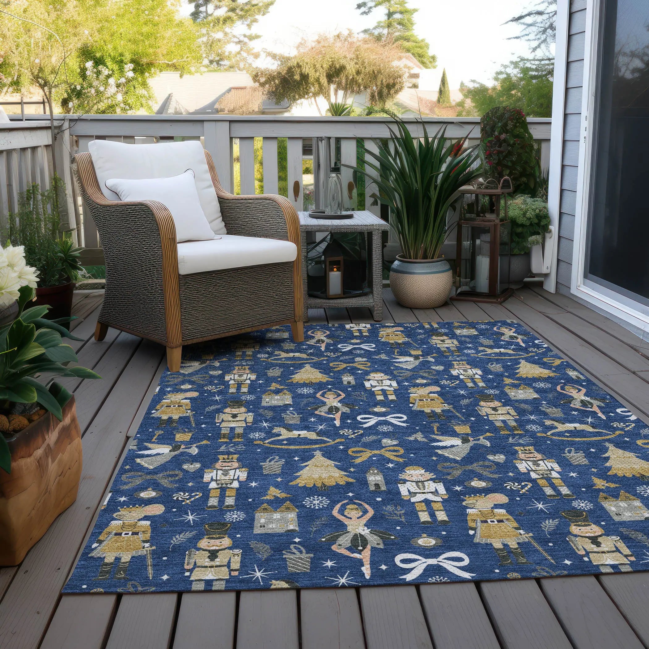 10' X 14' Navy Blue Gold Black And Gray Village House Washable Indoor Outdoor Area Rug Homeroots Outdoor