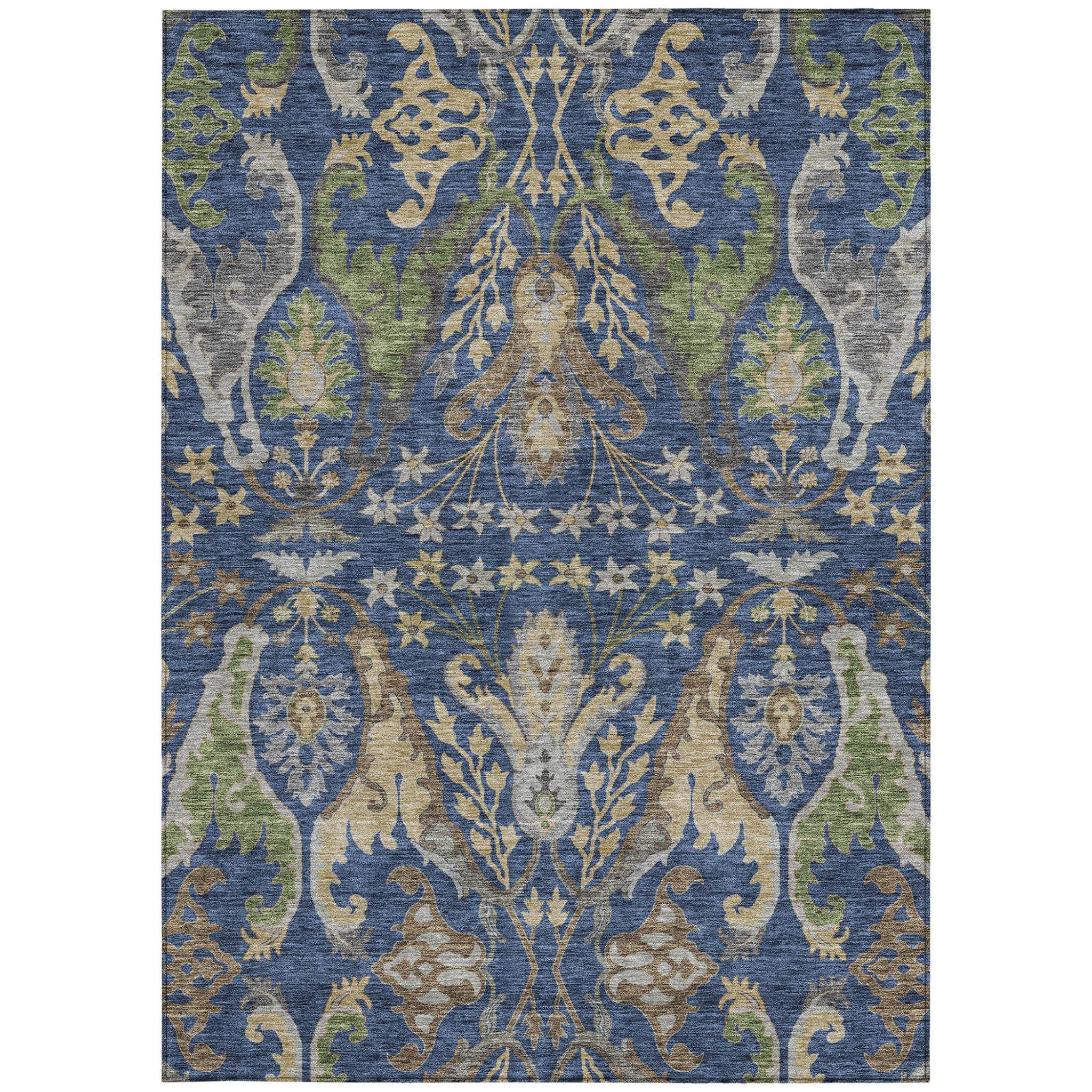 10' X 14' Navy Blue Green And Brown Floral Washable Indoor Outdoor Area Rug - GreatEagleInc