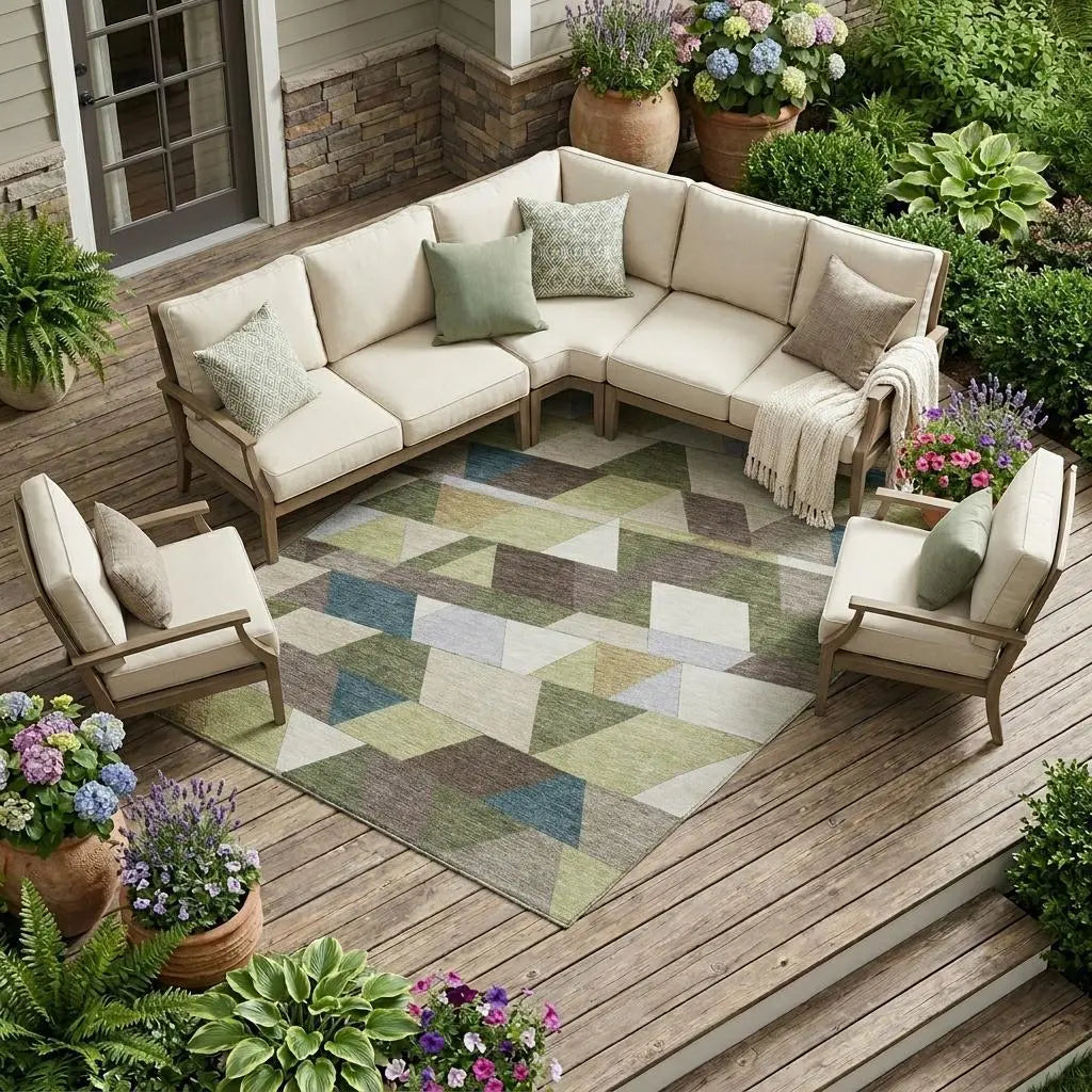 10' X 14' Olive Green And Beige Geometric Washable Indoor Outdoor Area Rug Homeroots Outdoor