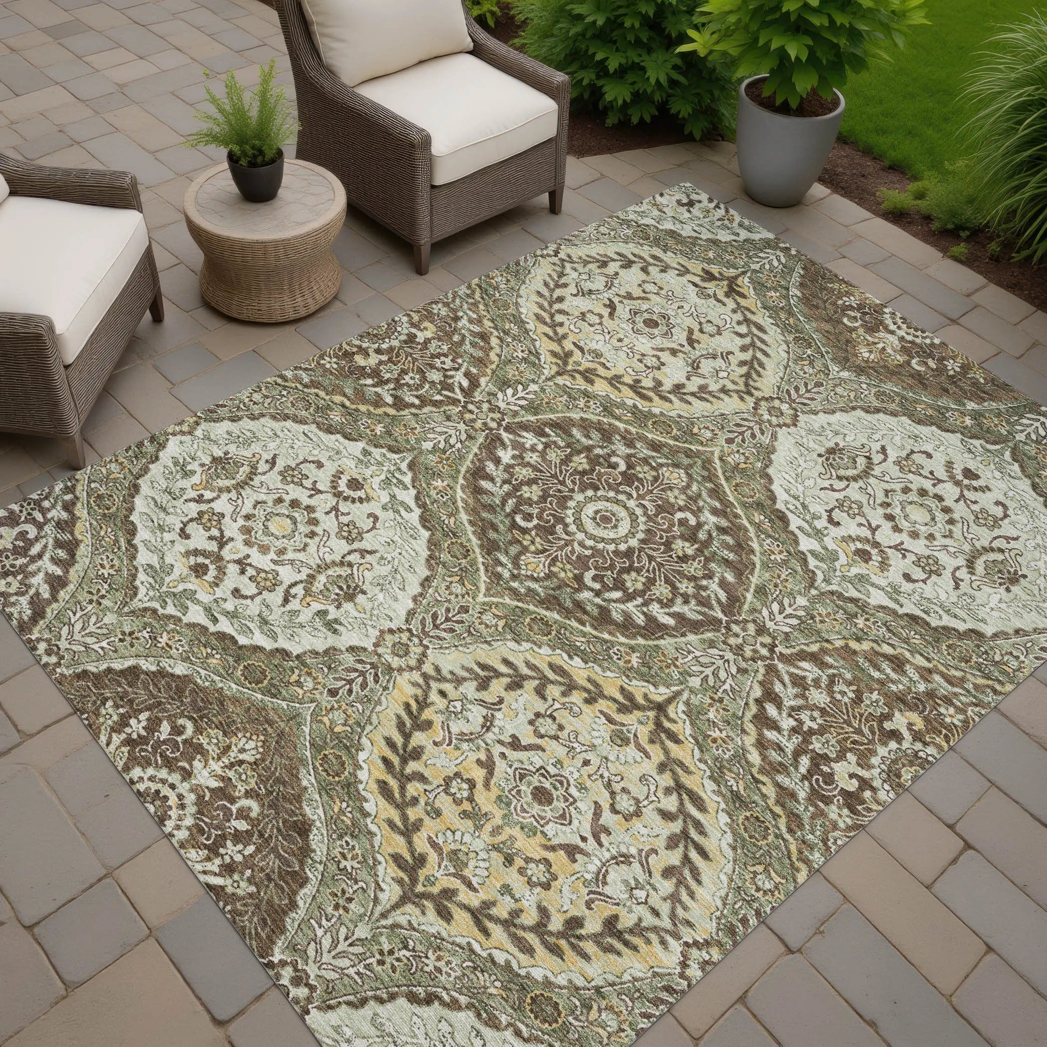 10' X 14' Olive Green And Blue Ogee Washable Indoor Outdoor Area Rug Homeroots Outdoor