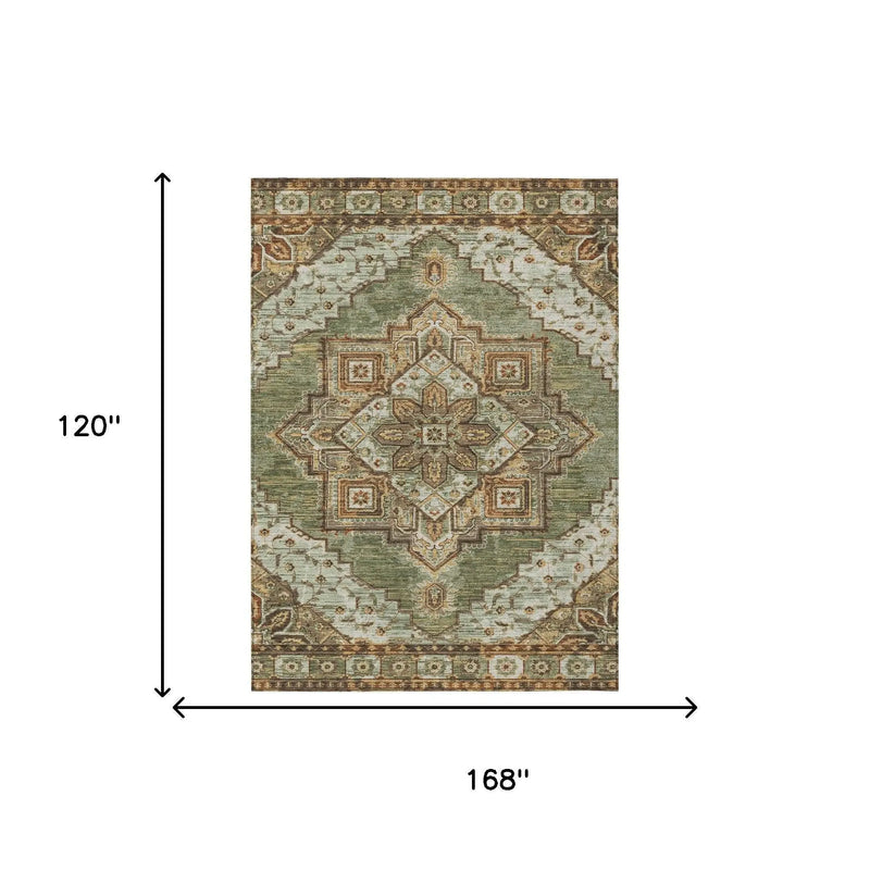 10' X 14' Olive Green And Blue Oriental Washable Indoor Outdoor Area Rug Homeroots Outdoor