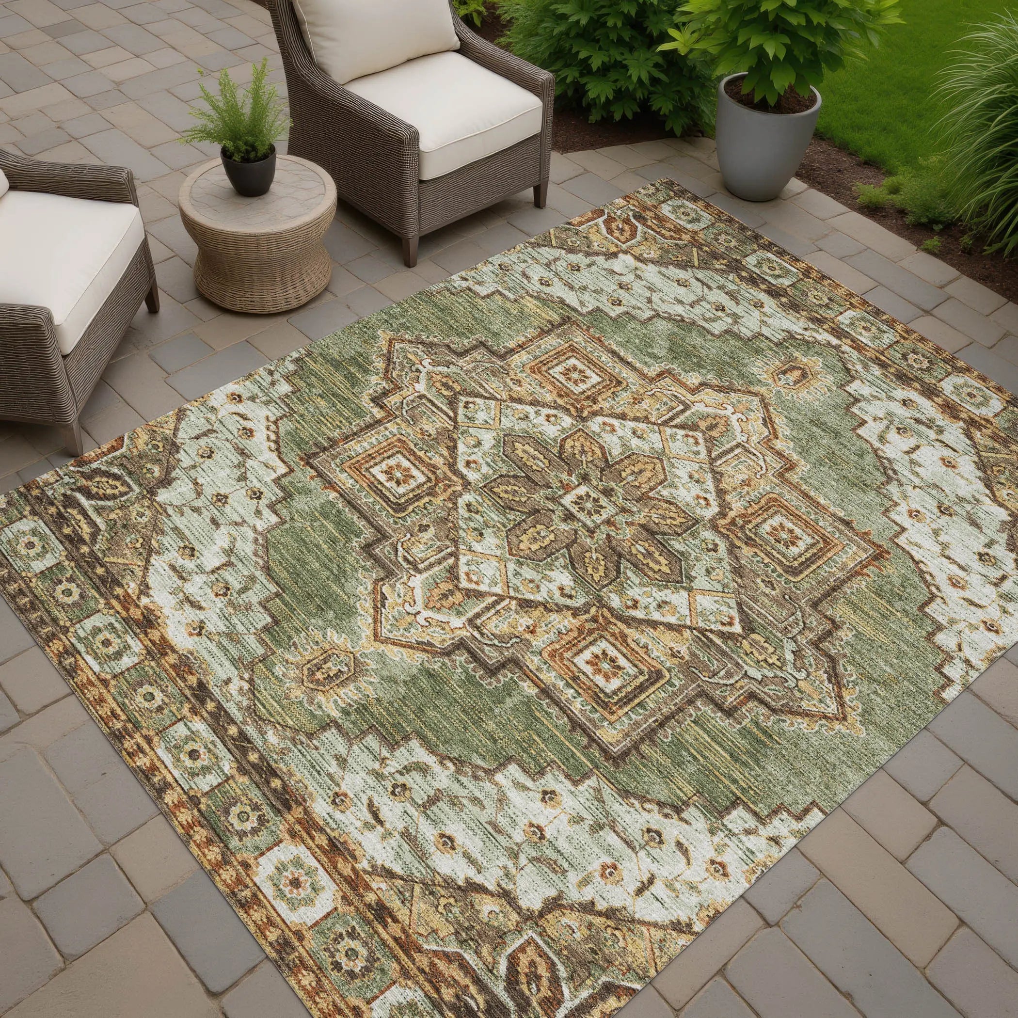 10' X 14' Olive Green And Blue Oriental Washable Indoor Outdoor Area Rug Homeroots Outdoor