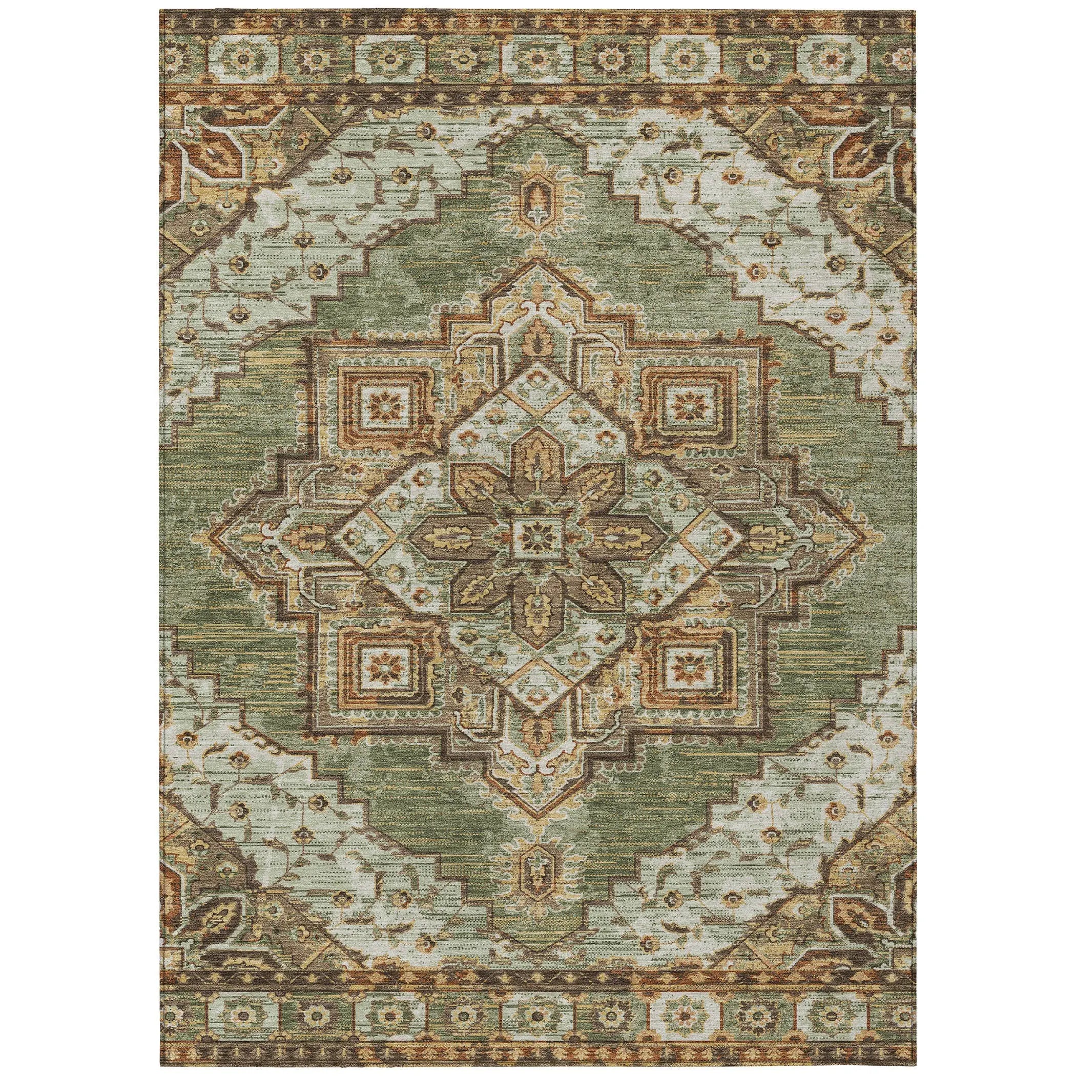 10' X 14' Olive Green And Blue Oriental Washable Indoor Outdoor Area Rug Homeroots Outdoor