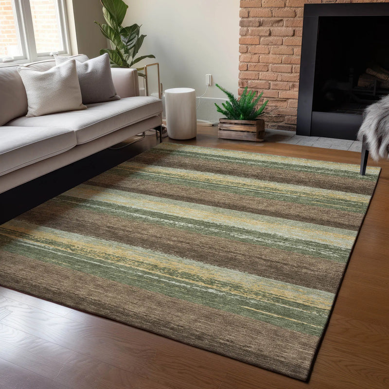 10' X 14' Olive Green And Blue Striped Washable Indoor Outdoor Area Rug Homeroots Outdoor