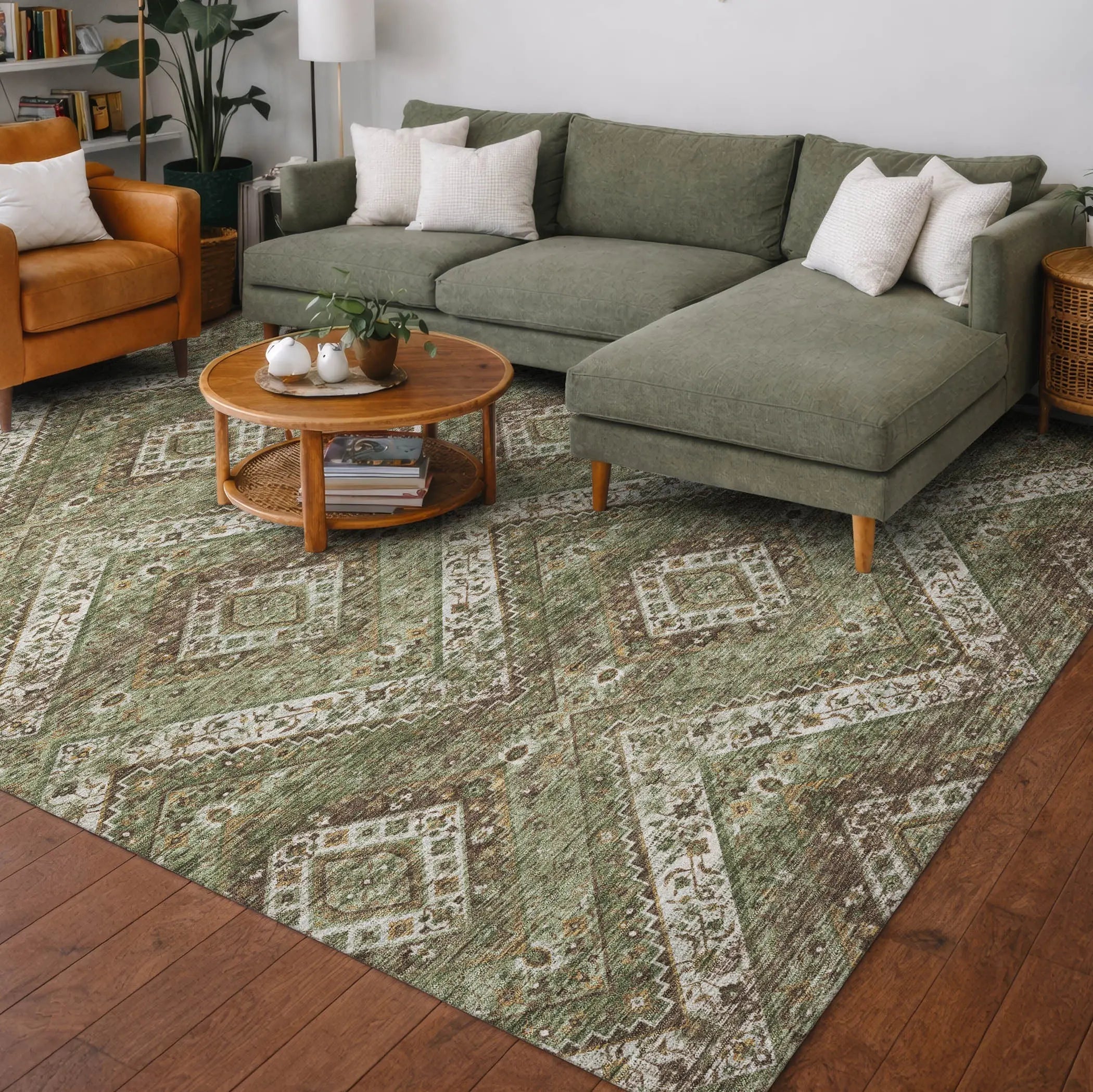 10' X 14' Olive Green And Blue Tribal Washable Indoor Outdoor Area Rug Homeroots Outdoor