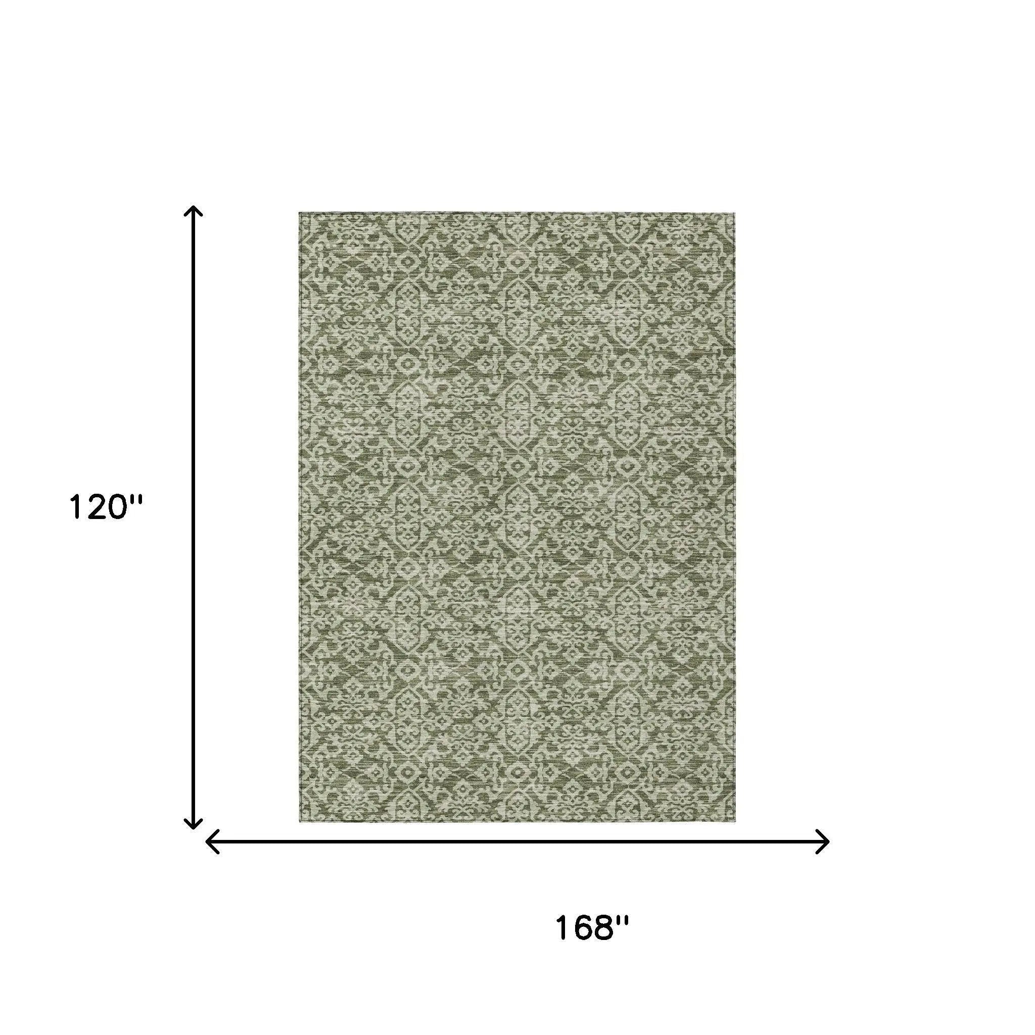 10' X 14' Olive Green And Brown Oriental Washable Indoor Outdoor Area Rug Homeroots Outdoor