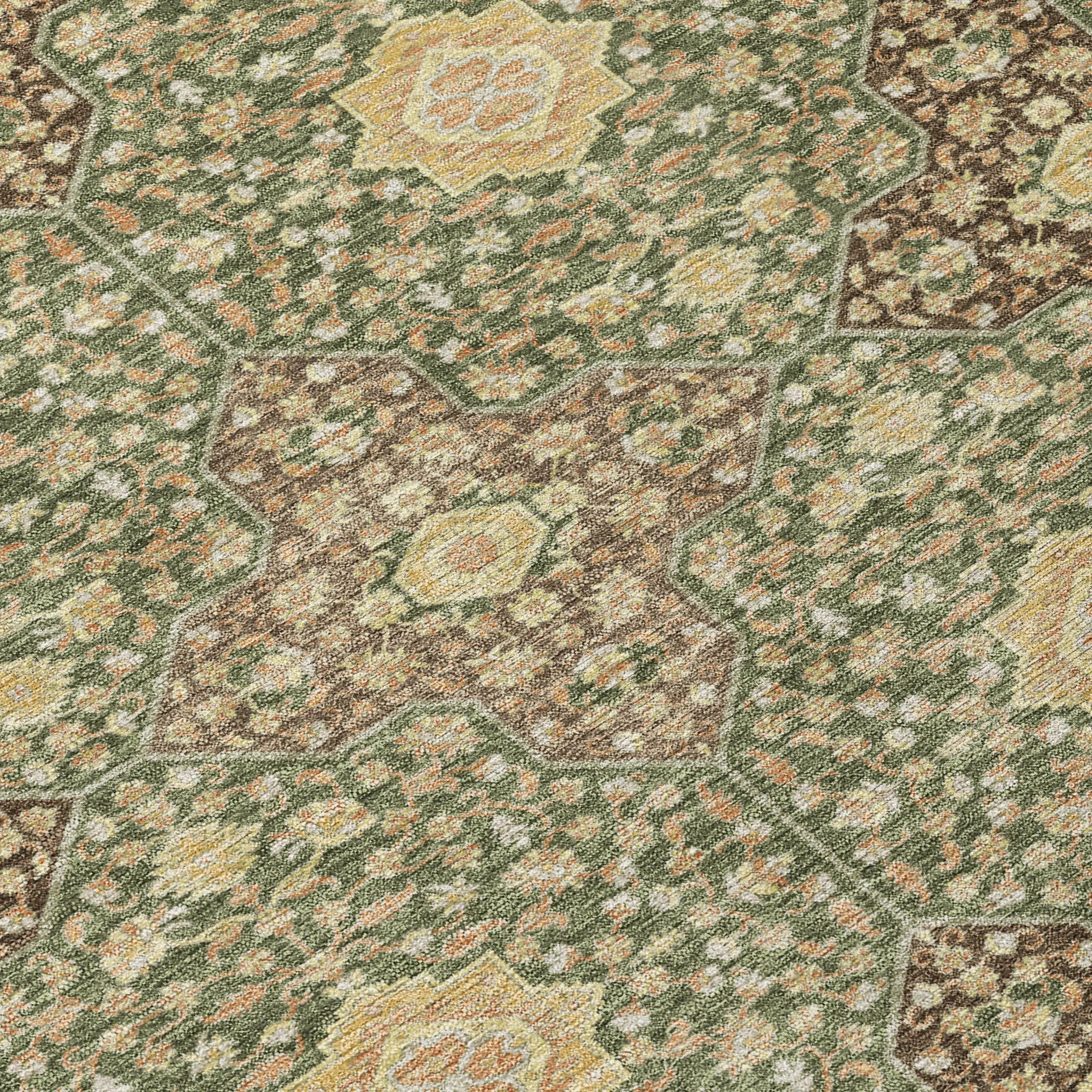 10' X 14' Olive Green And Chocolate Damask Washable Indoor Outdoor Area Rug Homeroots Outdoor