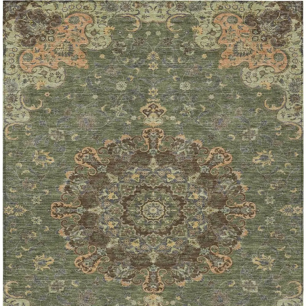 10' X 14' Olive Green And Chocolate Floral Medallion Washable Indoor Outdoor Area Rug Homeroots Outdoor