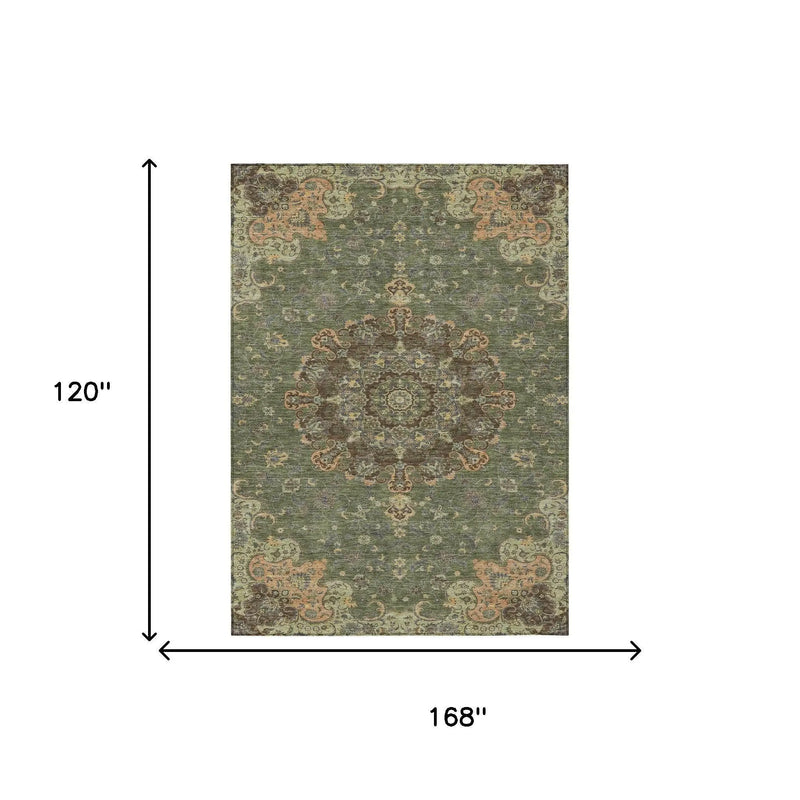 10' X 14' Olive Green And Chocolate Floral Medallion Washable Indoor Outdoor Area Rug Homeroots Outdoor