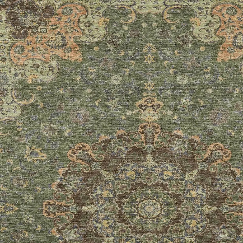 10' X 14' Olive Green And Chocolate Floral Medallion Washable Indoor Outdoor Area Rug Homeroots Outdoor