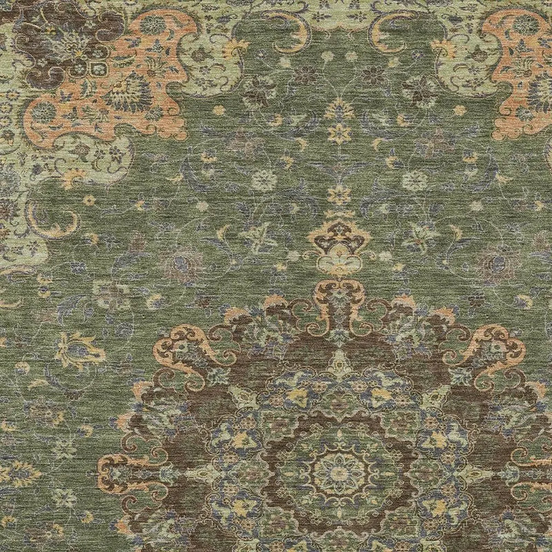 10' X 14' Olive Green And Chocolate Floral Medallion Washable Indoor Outdoor Area Rug Homeroots Outdoor