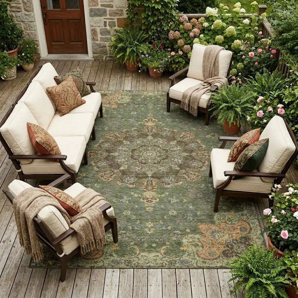 10' X 14' Olive Green And Chocolate Floral Medallion Washable Indoor Outdoor Area Rug Homeroots Outdoor