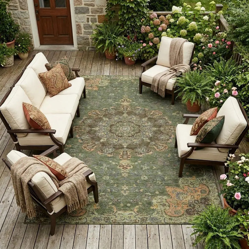 10' X 14' Olive Green And Chocolate Floral Medallion Washable Indoor Outdoor Area Rug Homeroots Outdoor