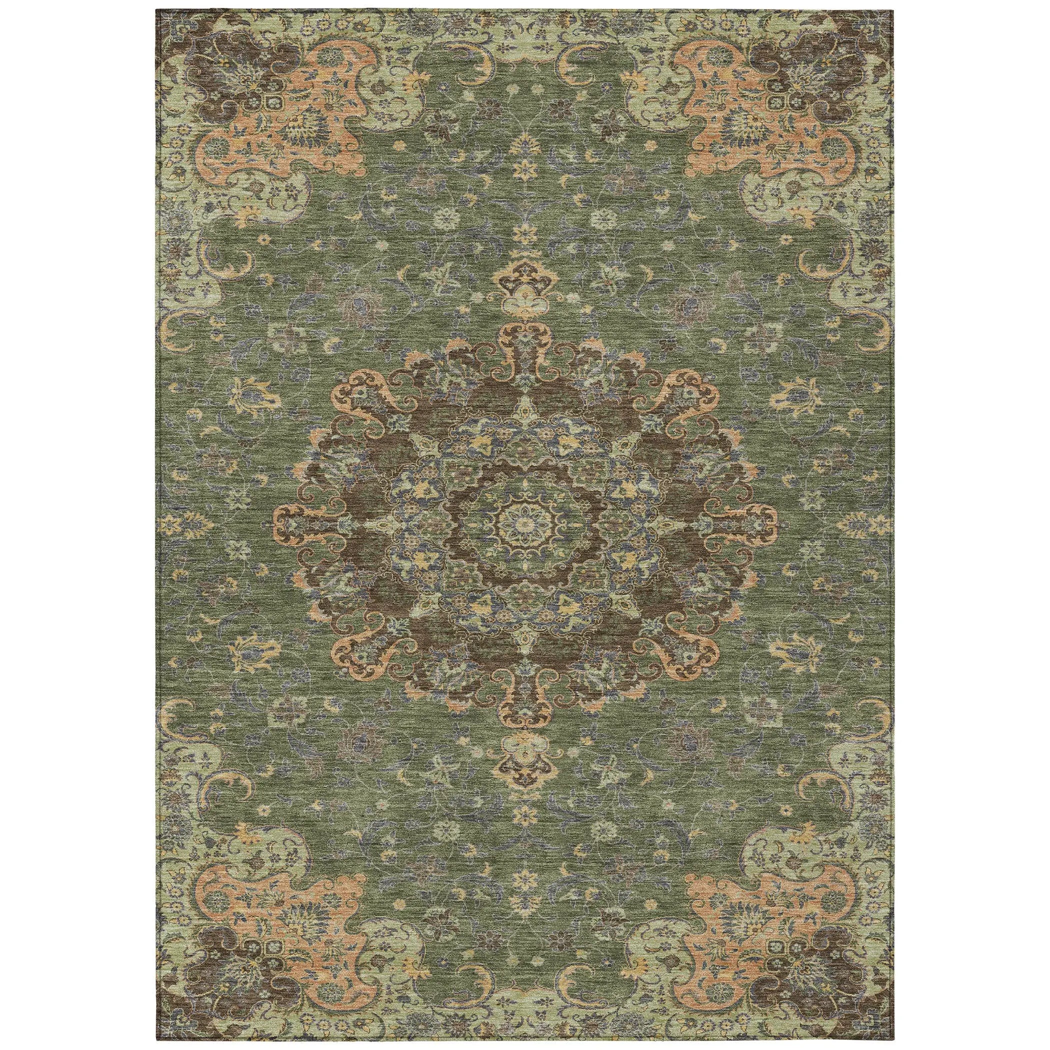10' X 14' Olive Green And Chocolate Floral Medallion Washable Indoor Outdoor Area Rug Homeroots Outdoor