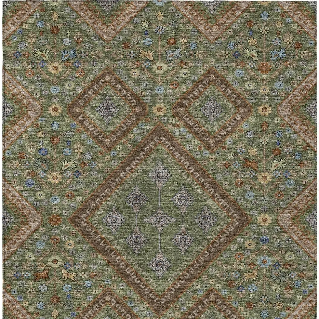 10' X 14' Olive Green And Chocolate Medallion Washable Indoor Outdoor Area Rug Homeroots Outdoor