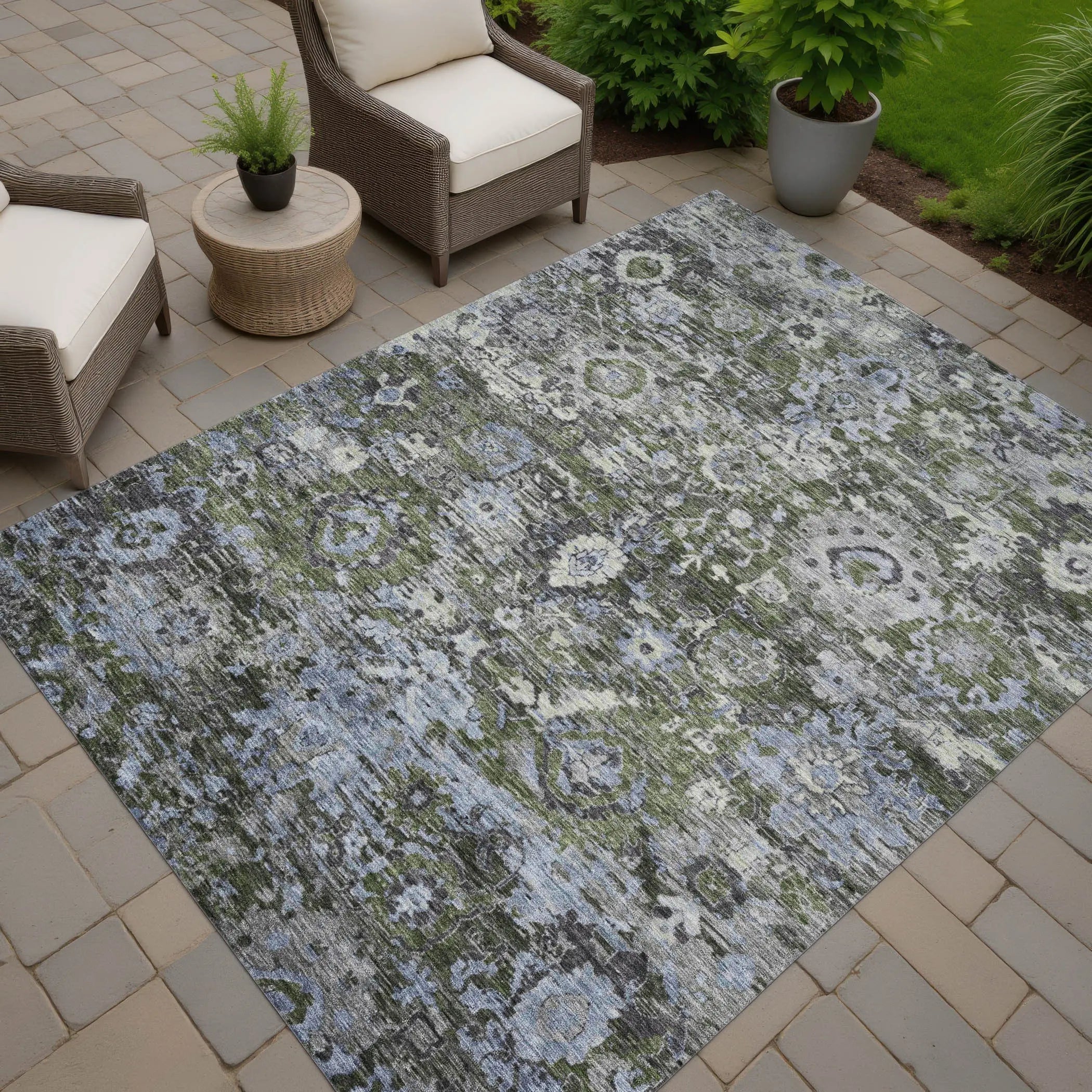 10' X 14' Olive Green And Denim Blue Floral Washable Indoor Outdoor Area Rug Homeroots Outdoor